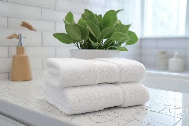 Die weichsten Handtücher der Welt vor einem minimalistischen Hintergrund. Gestapelte weiße Handtücher liegen auf einer Seifenschale in einem Badezimmer von AI Generative