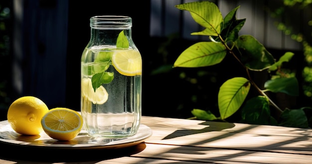 die weiße flasche mit wasser und einer zitronenscheibe steht auf einem holztisch im stillstil