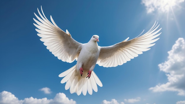 Die weiße Taube fliegt am blauen Himmel