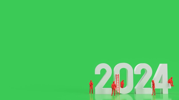Die weiße Zahl 2024 und der rote Geschäftsmann auf grünem Hintergrund 3D-Rendering