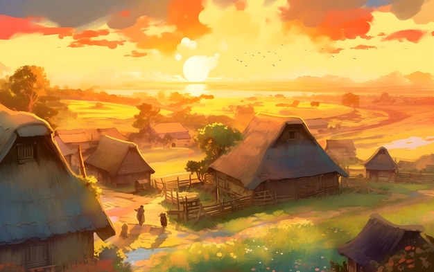 Die weitläufigen Felder und die weidenden Herden sorgen für eine harmonische Stimmung im Anime-Stil