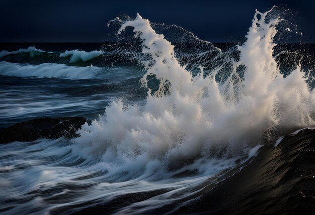 Die Welle spritzt in der Nacht auf dem Schwarzen Meer