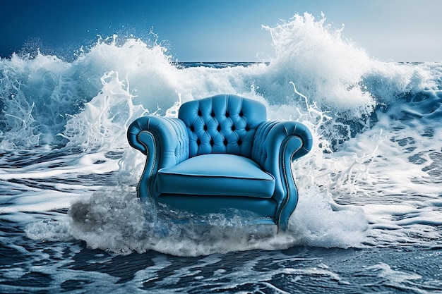 Die Wellen kommen. Wasser fällt auf einen Sessel, der still am Ufer steht. Konzept der psychischen Gesundheit, sicherer Ort, Panikattacke, Nachdenken über Probleme, Psychologie, innere Welt, Gefühle surreal