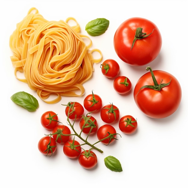 Die wichtigsten traditionellen Zutaten der italienischen Küche sind Pasta, tagliatelle, Kirschtomaten und frisches Grün.