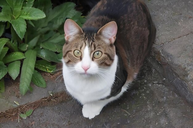 Die wilde Katze gehört meinen Nachbarn und sie schaut mich an, während sie ein Foto von ihr macht.