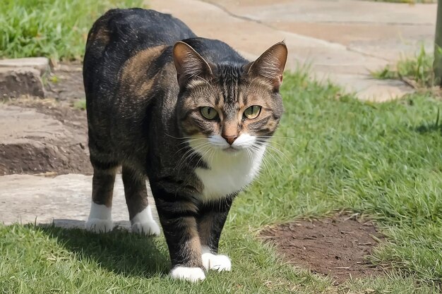 Die wilde Katze gehört meinen Nachbarn und sie schaut mich an, während sie ein Foto von ihr macht.