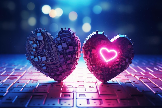 Die Wissenschaft der Liebe wird durch zwei Herzen demonstriert, die durch ein Schaltplatten-Cyber-Netzwerk miteinander verbunden sind.