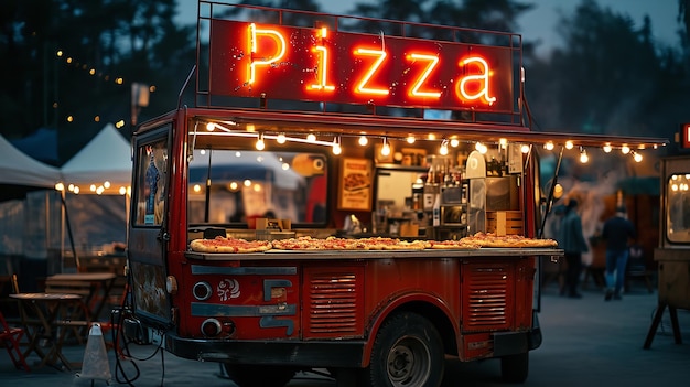 Die Wörter "Pizza" leuchten über einem Food Truck, der Straßenküche verkauft.