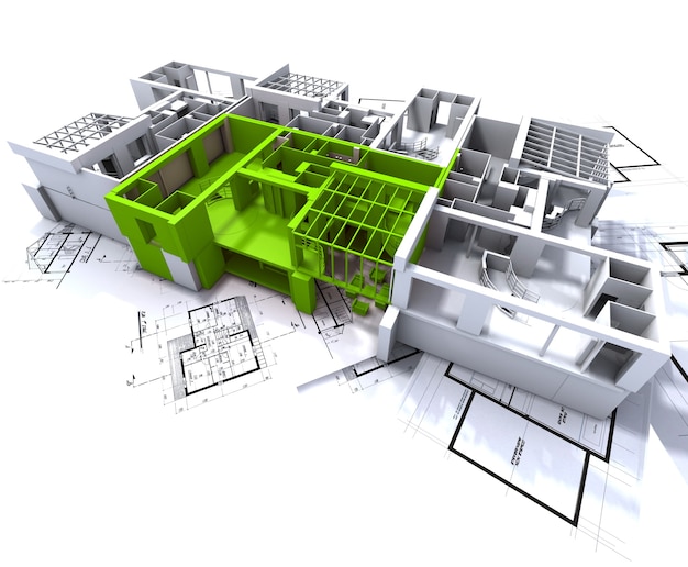 Die Wohnung ist grün hervorgehoben auf einem weißen Architekturmodell auf den Plänen des Architekten