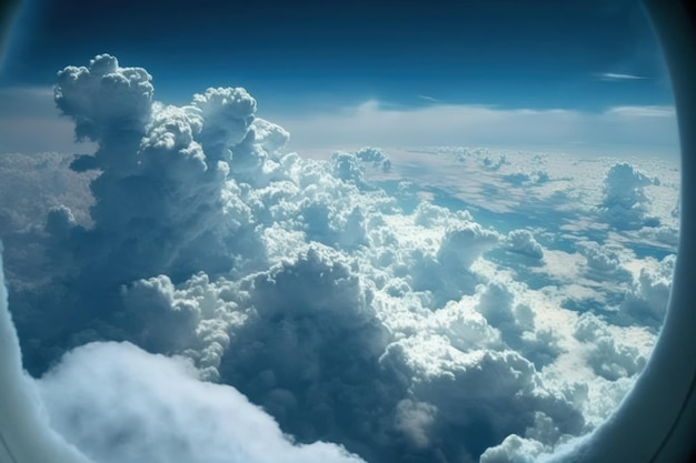 Die Wolken einatmen Blick aus einem Flugzeugfenster Frische, kühle Luft, die von dichten weißen Wolken bedeckt ist