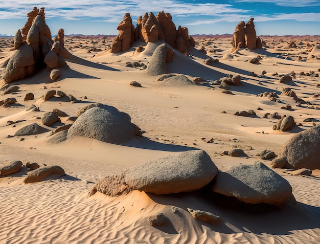 Die Wüstenlandschaft der Wüste besteht aus Sanddünen und die Wüste ist mit Sand bedeckt.