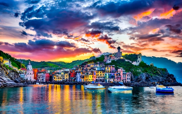 Die wunderschöne Panoramablick auf Riomaggiore, die im Sommer in der Sonne gebadet ist