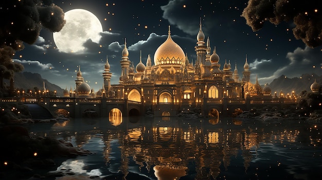 Die wunderschöne, ruhige Moschee in der Nacht im gesegneten Monat Ramadan, dem Erleuchteten