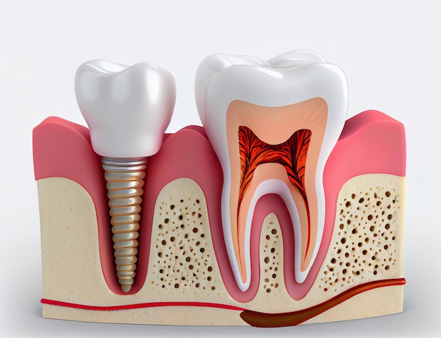 Die Zähne wurden abgedeckt und der rostfreie Stift im Zahnfleisch wurde mit generativer KI erstellt