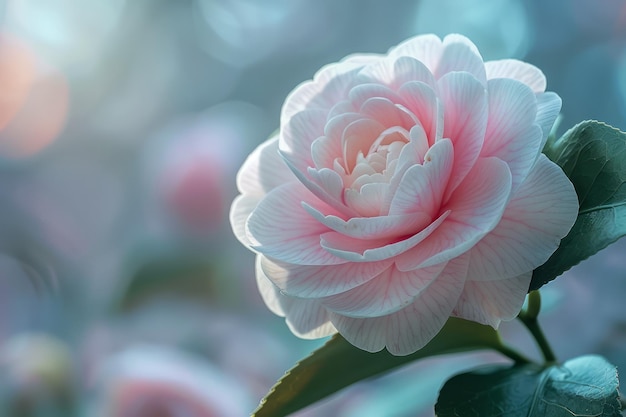 Die zarten rosa Kamelien blühen im sanften Sonnenlicht in einem üppigen Garten