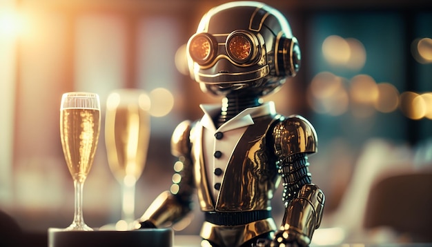 Die Zukunft der Menschheit Roboter Kellner Buffet Restaurant Arbeiter mit Snacks und Champagner Generative KI