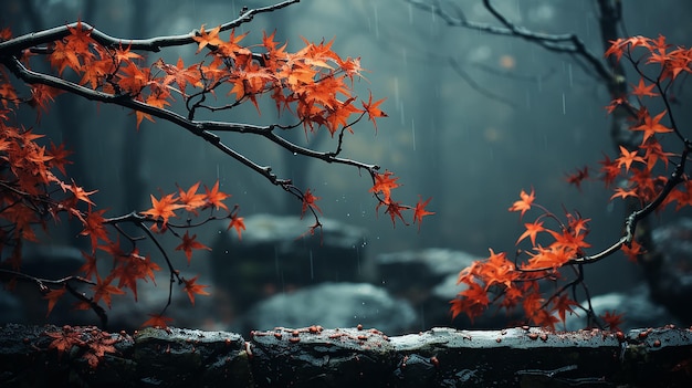 die Zweige und Blätter des japanischen roten Ahorns bilden einen Herbsttextrahmen auf einem verschwommenen kalten blauen Hintergrund