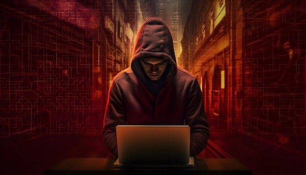 Diebstahl der Privatsphäre im Internet lauert im Hintergrund Anonymer Hacker Cyberpunk-Zukunft Cybersicherheitsverstoß