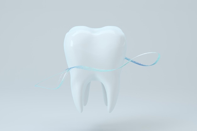 Diente blanco con partículas de degradado azul rodeadas de renderizado 3d