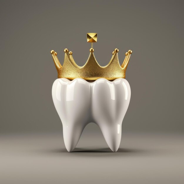 Foto diente blanco con pequeña corona dorada fondo blanco
