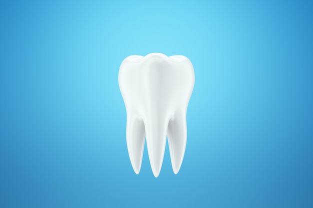 Diente blanco sano, esmalte blanco sobre fondo azul. El concepto de odontología, blanqueamiento dental, protección, cuidado bucal, higiene, atención médica. Ilustración 3D, representación 3D.