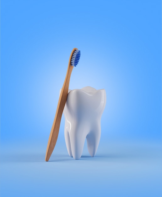 Diente con cepillo de dientes de madera. Render 3d ilustración