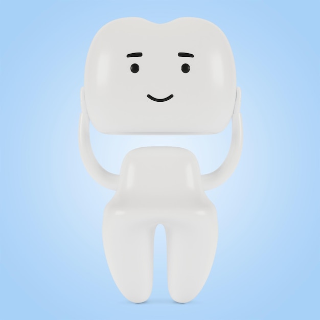 Diente de chapa, personaje de dibujos animados. El concepto de examen dental de los dientes, salud dental e higiene. Ilustración 3D.
