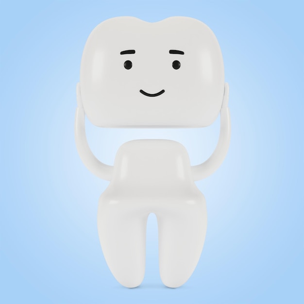 Diente de chapa, personaje de dibujos animados. El concepto de examen dental de los dientes, salud dental e higiene. Ilustración 3D.