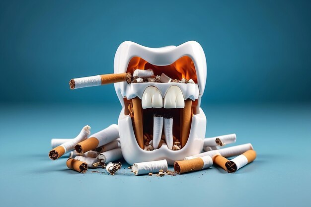 Foto diente con cigarrillos dinamita sobre fondo azul efectos del tabaquismo en la salud dental deja de fumar día mundial sin tabaco