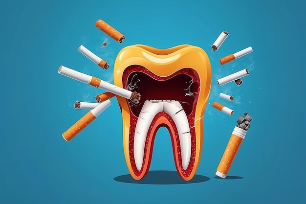 Foto diente con cigarrillos dinamita sobre fondo azul efectos del tabaquismo en la salud dental deja de fumar día mundial sin tabaco
