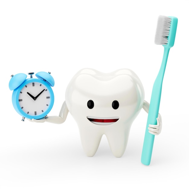 Diente con un despertador y un cepillo de dientes Es hora de ir a cepillarme los dientes aislado en render blanco 3d