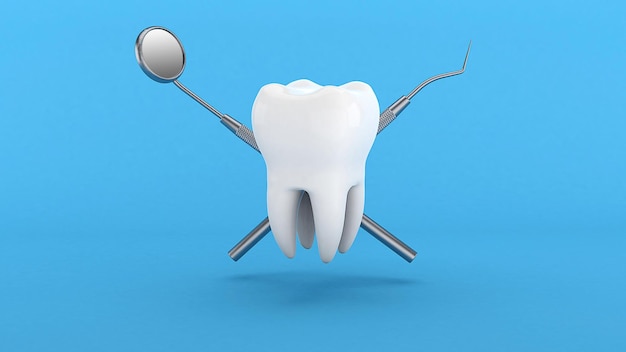 Diente y espejo dental con gancho Herramientas de dentista Sobre un fondo azul 3D Render