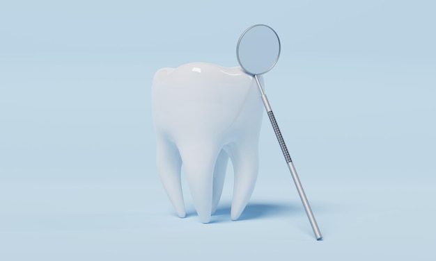Diente con espejo de inspección dental sobre fondo azul Concepto de atención médica y dental