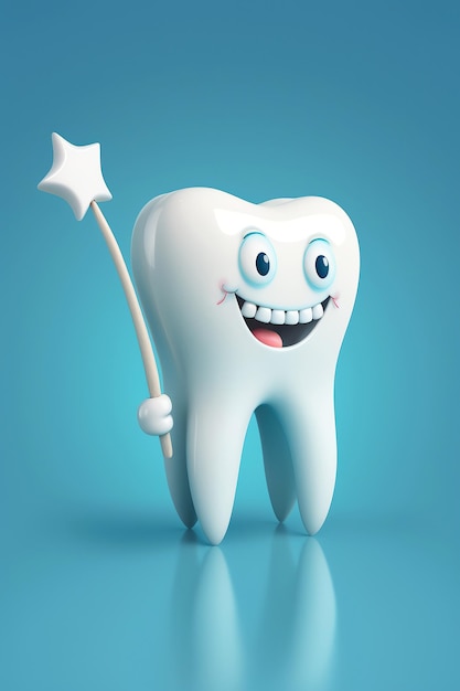 Foto diente feliz blanco con un cepillo de dientes sobre fondo azul personaje de dibujos animados ai generativa