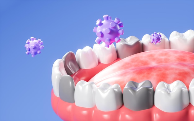 Diente humano y virus mal aliento higiene oral renderización en 3D