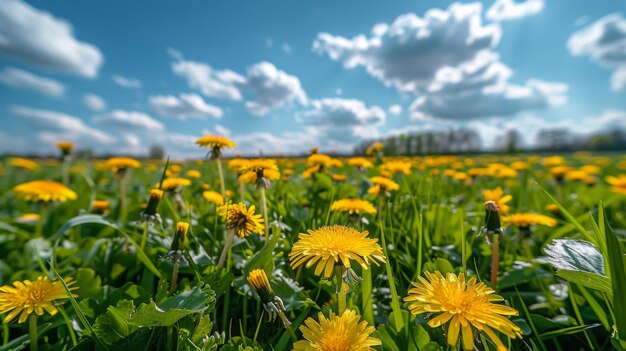 Los diente de león amarillos en un prado soleado en primavera