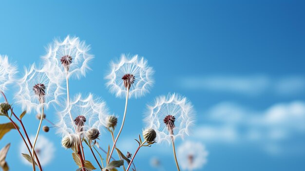 diente de león blanco esponjoso sobre un fondo azul