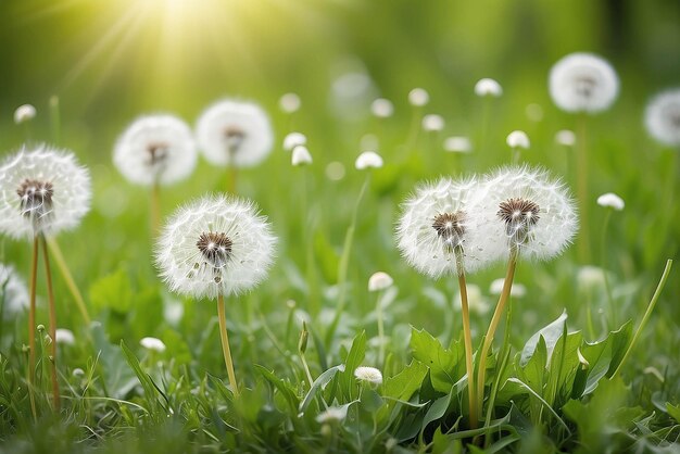 Diente de león blanco esponjoso verde natural borroso fondo de primavera enfoque selectivo