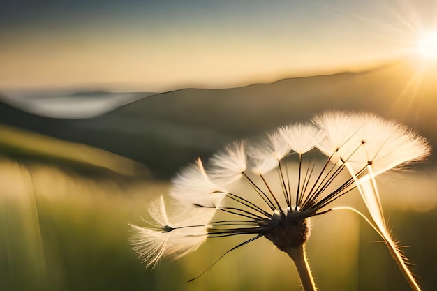 Un diente de león en un campo con el sol brillando sobre él