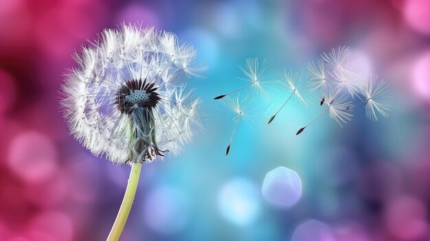 Un diente de león colorido soplando en el viento