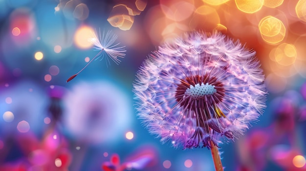 Foto un diente de león colorido soplando en el viento