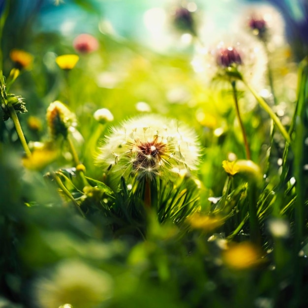 un diente de león está en la hierba con el sol detrás de él