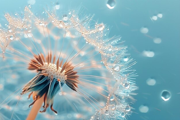 un diente de león con gotas de agua en él y las gotes de agua en los pétalos