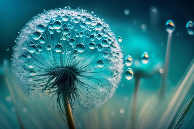 Un diente de león con gotas de agua