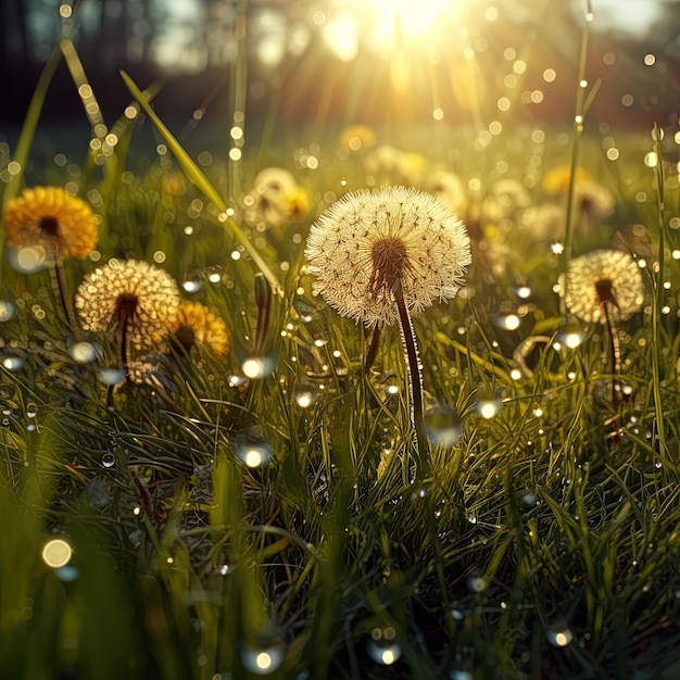 diente de león en la hierba con el sol detrás de ellos