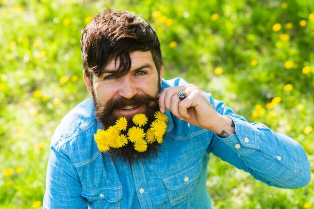 Diente de león. peluquero y peluquero. Moda floral y belleza. hipster barbudo disfruta de un día soleado. hombre feliz con flor en el pelo de la barba. concepto de calvicie y pérdida de cabello. Temporada de verano y primavera.