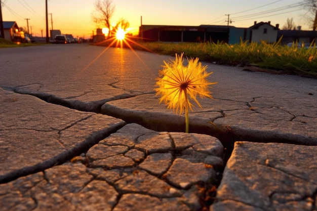 Diente de león proyectando sombra sobre el pavimento agrietado al atardecer