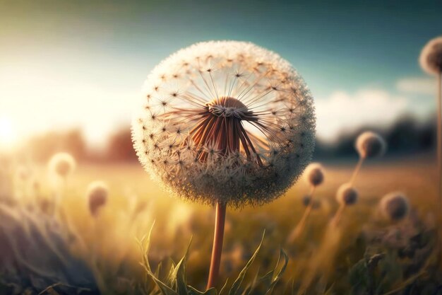 Diente de león con semillas en la naturaleza en el campo en el día soleado ai generativo