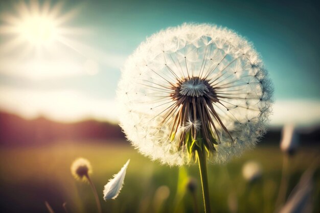 Diente de león con semillas en la naturaleza en el campo en el día soleado ai generativo