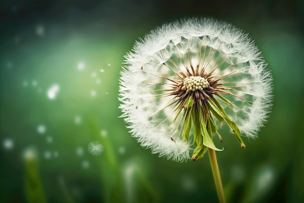 Diente de león con semillas en la naturaleza y pequeña flor blanca brillante sobre fondo verde borroso ai generativo